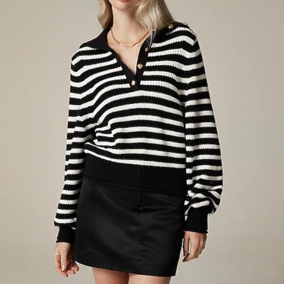 NWT JCREW Ribbed cotton button-collar sweater in stripe Black / Ivory - Picture 1 of 12